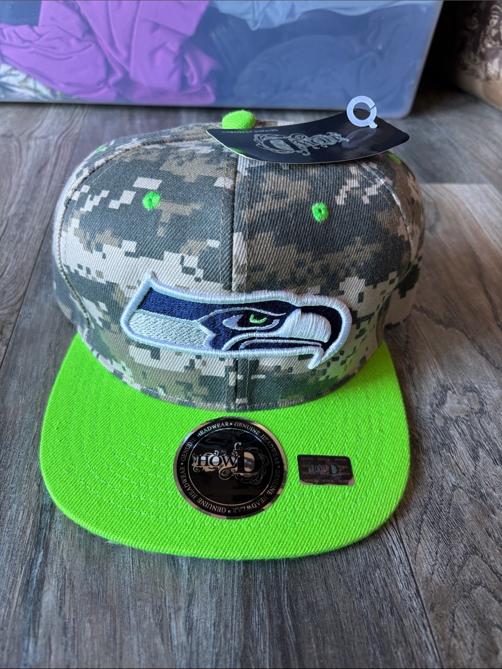 NWT Seattle Seahawks Camo Snapback Hat with Neon Green Brim